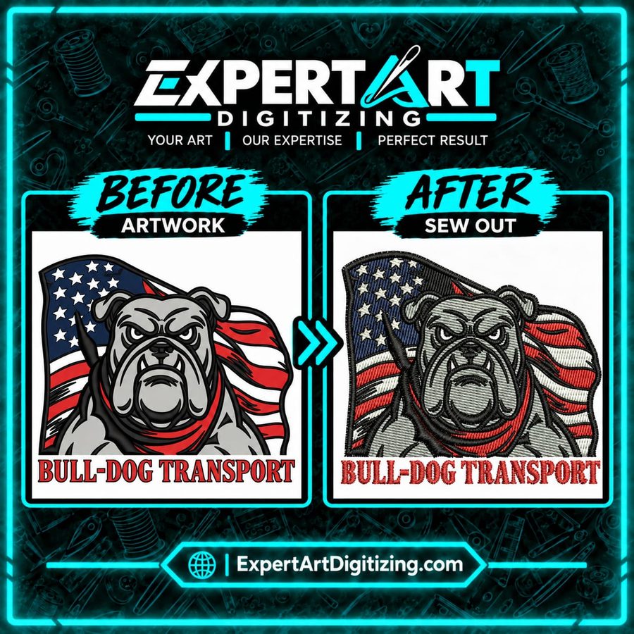 Bulldog Transport American flag embroidery digitizing