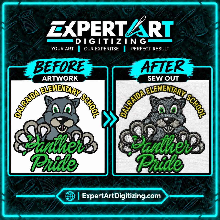 Panther Pride mascot embroidery digitizing
